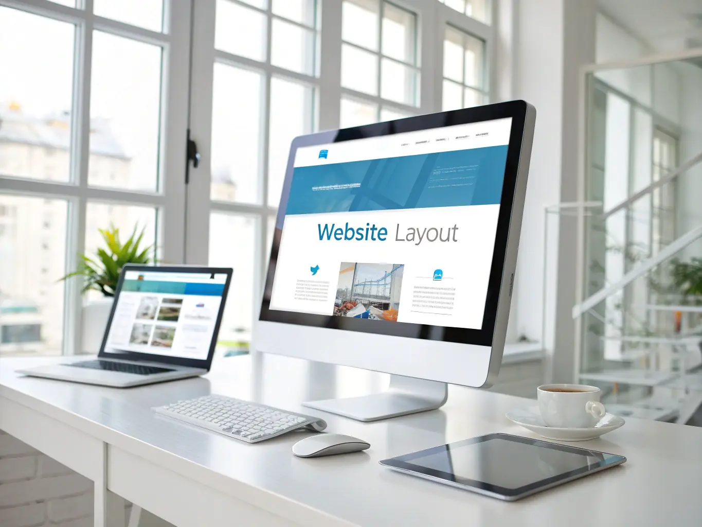 A sleek, modern website displayed on a desktop and mobile device, showcasing clean black and white design elements.