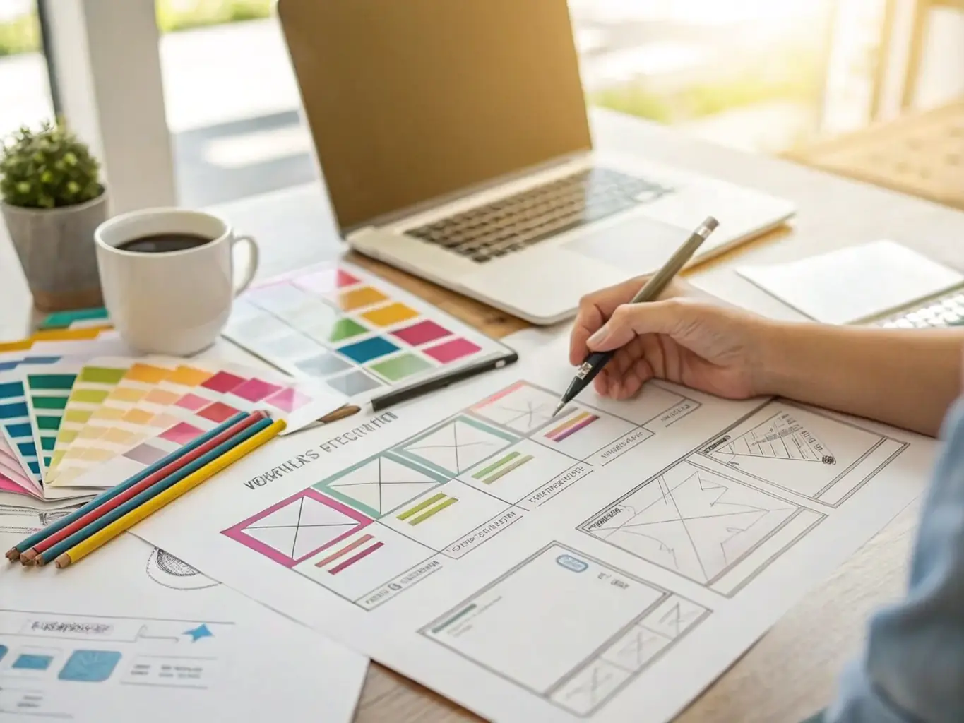An image of a website wireframe being sketched on a tablet, surrounded by design tools and notes.